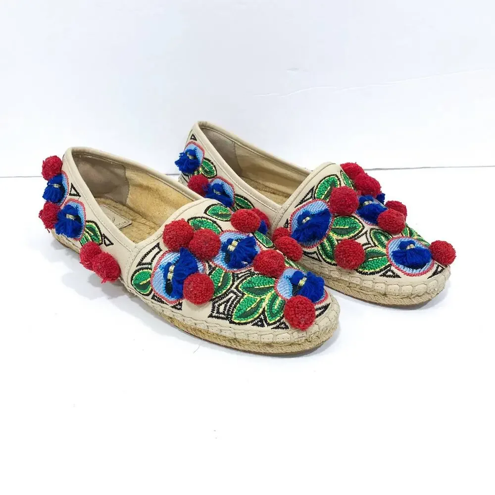 Tory Burch Ellis Pom Pom Embroidered Espadrille Flats